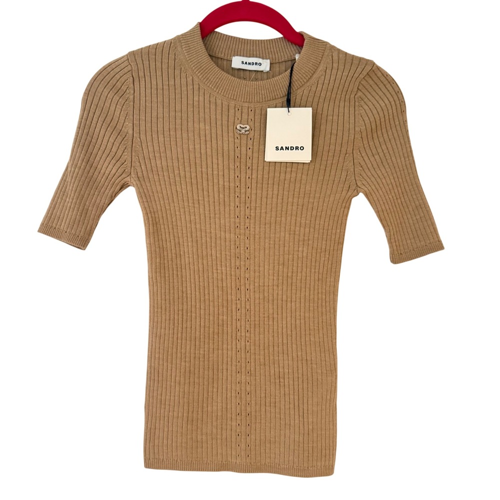 NWT Sandro Paris Tina Ribbed Wool Blend Short Sleeve Sweater Camel Tan XS - Picture 4 of 8